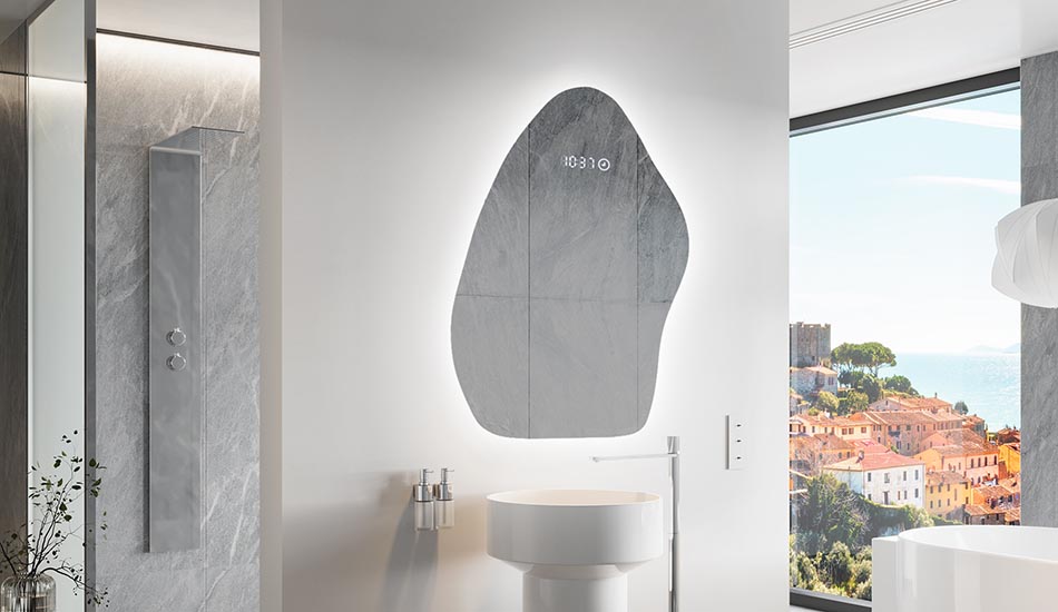 Szabálytalan tükör finom környezeti világítással, elegáns belső terekhez | ARTFORMA