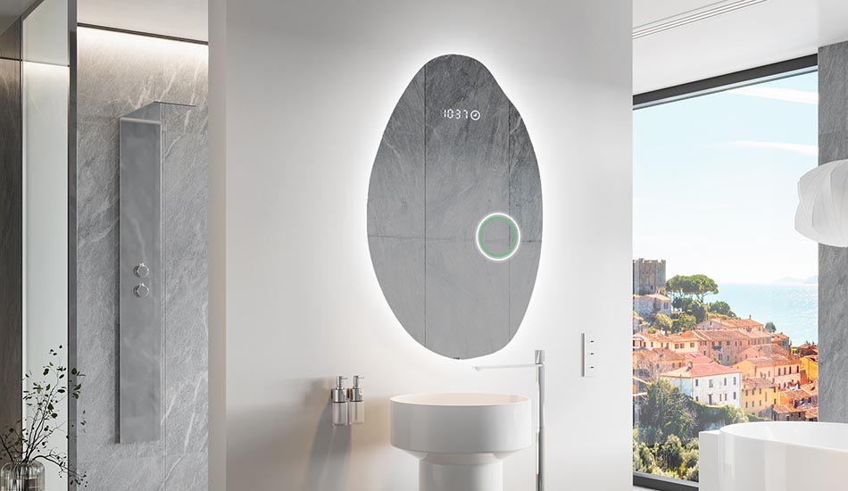 Szabálytalan tükör finom környezeti világítással, elegáns belső terekhez | ARTFORMA