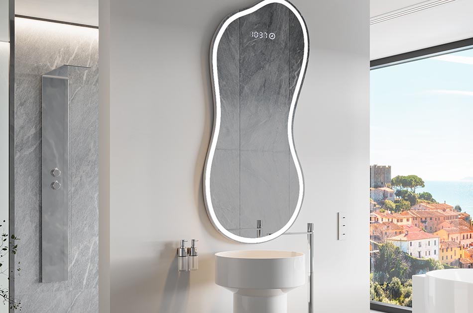 Szabálytalan tükör finom környezeti világítással, elegáns belső terekhez | ARTFORMA