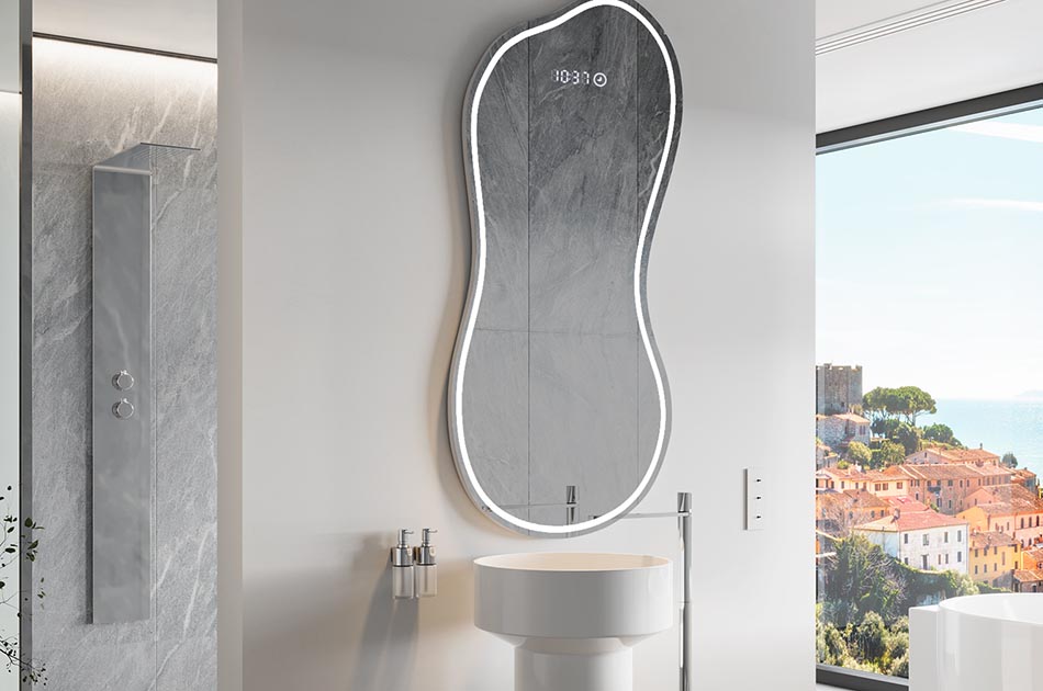 Szabálytalan tükör finom környezeti világítással, elegáns belső terekhez | ARTFORMA