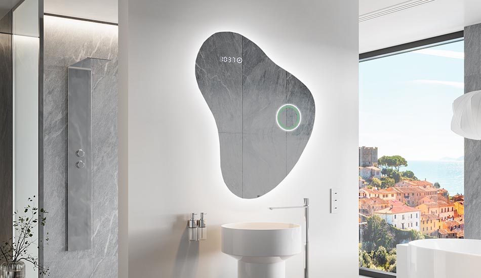 Szabálytalan tükör finom környezeti világítással, elegáns belső terekhez | ARTFORMA