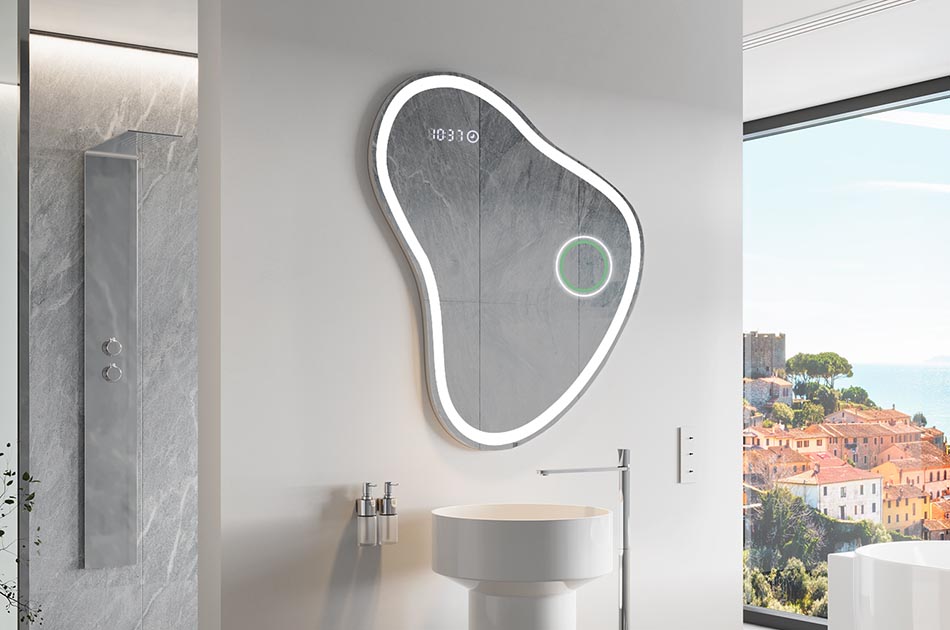 Szabálytalan tükör finom környezeti világítással, elegáns belső terekhez | ARTFORMA