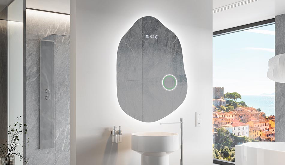 Szabálytalan tükör finom környezeti világítással, elegáns belső terekhez | ARTFORMA