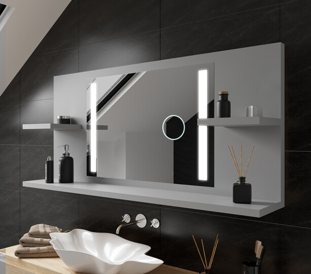 Modern LED fürdőszoba tükör polcokkal