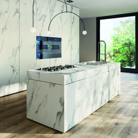 Nagyformátumú 120x280-as fehér márvány mintázatú, szürke erezetű, fényes felületű A4H462 Calacatta porcelánlap #2