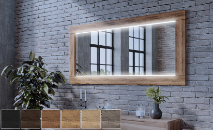 Szögletes Tükör fa kerettel és világítással LED L225