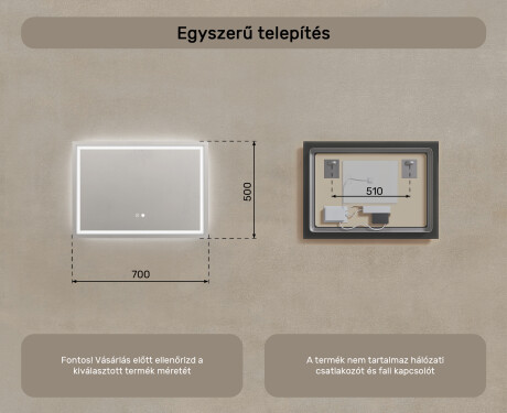 Fürdőszoba Tükör Világítással LED 70x50cm val Dual color, Érintőkapcsoló, Tükörpárátlanító Fűtőfólia - L49 #8