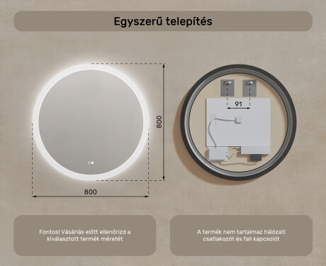 Kerek fürdőszobai tükör LED világítással 80 cm - Dual color, Érintőkapcsoló, Tükörpárátlanító Fűtőfólia #8