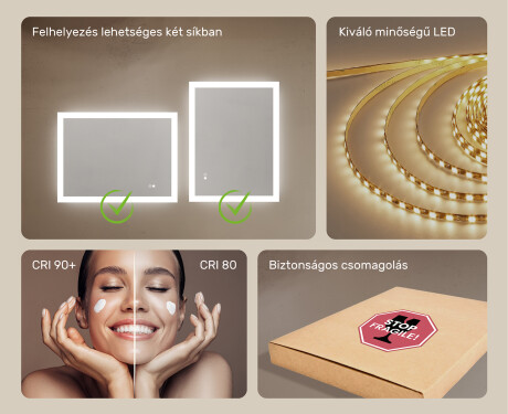 Téglalap alakú LED fürdőszobai tükör 80x60 cm - Dual color, Érintőkapcsoló, Tükörpárátlanító Fűtőfólia #6