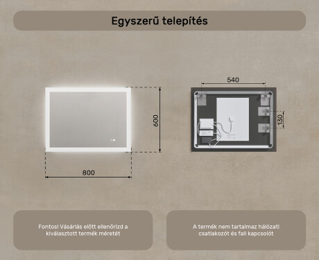 Téglalap alakú LED fürdőszobai tükör 80x60 cm - Dual color, Érintőkapcsoló, Tükörpárátlanító Fűtőfólia #8