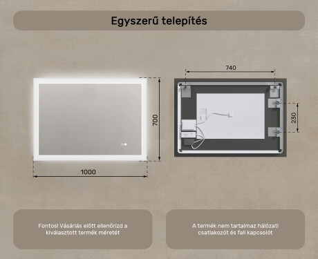 Téglalap alakú fürdőszobai tükör LED világítással 100x70 cm - Dual color, Érintőkapcsoló, Tükörpárátlanító Fűtőfólia #8
