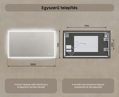 Téglalap alakú LED világítással ellátott fürdőszobai tükör 120x70 cm - Dual color, Érintőkapcsoló, Tükörpárátlanító Fűtőfólia #8