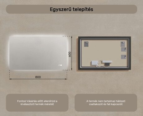 Téglalap alakú LED fürdőszobatükör 80x60/60x80 cm, két színben, érintéses kapcsolóval, fűtőpaddal #7