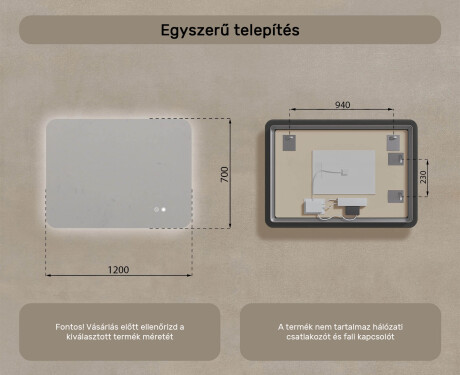 Lekerekített fürdőszobai tükör LED világítással, 120×70 cm, kétszínű, érintőkapcsoló, fűtőszőnyeg #8