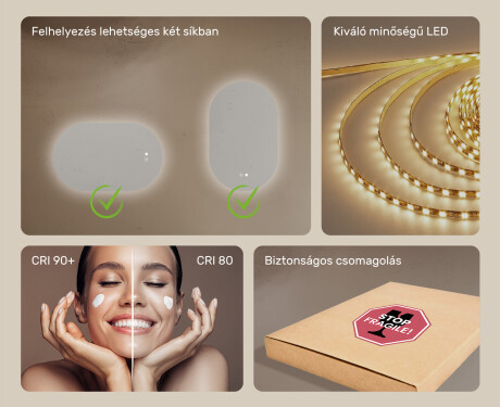 Ovális LED-tükör 80x50/50x80 cm, két színben, érintéses kapcsolóval, fűtőpaddal #6
