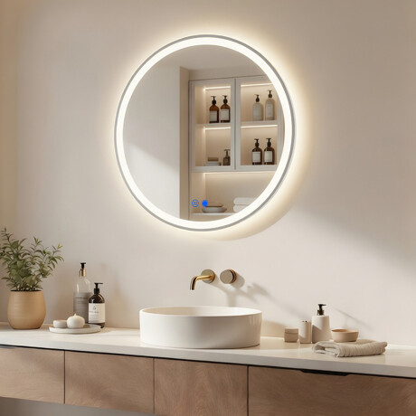 Kerek LED megvilágítású tükör - 60/80 cm ezüst alumínium keretben #1