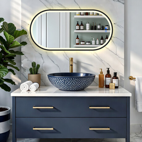 Ovális LED világítású tükör fekete alumínium keretben #8