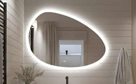 Szabálytalan tükör világítással, 114×84 cm, kétszínű, érintőkapcsoló, fűtőszőnyeg