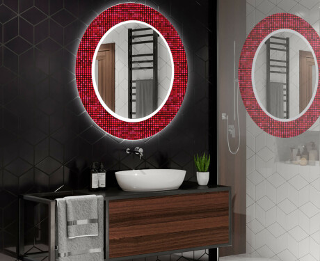 Kerek Ebédlői Dekorációs Tükör Led Világítással - Red Mosaic #2