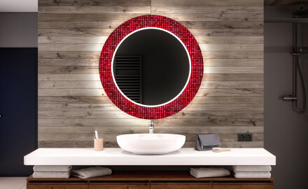 Kerek Ebédlői Dekorációs Tükör Led Világítással - Red Mosaic