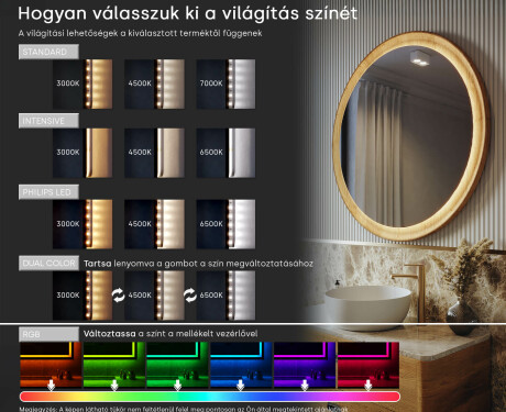 Lekerekített tükör tölgyfa keretben LED világítással #5