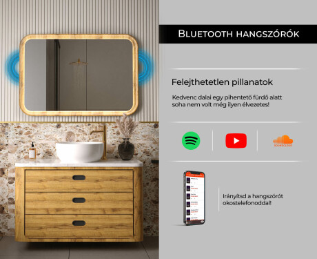 Lekerekített tükör tölgyfa keretben LED világítással #7