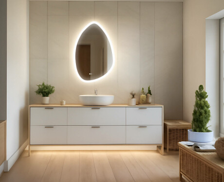 Szabálytalan tükör világítással, 64×94 cm, kétszínű, érintőkapcsoló, fűtőszőnyeg