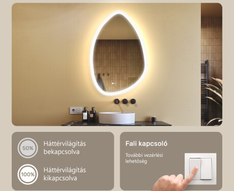 Szabálytalan tükör világítással, 64×94 cm, kétszínű, érintőkapcsoló, fűtőszőnyeg #4