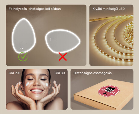 Szabálytalan tükör világítással, 64×94 cm, kétszínű, érintőkapcsoló, fűtőszőnyeg #6