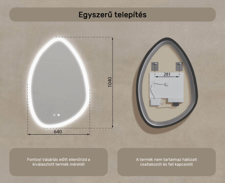 Szabálytalan tükör világítással, 64×94 cm, kétszínű, érintőkapcsoló, fűtőszőnyeg #8